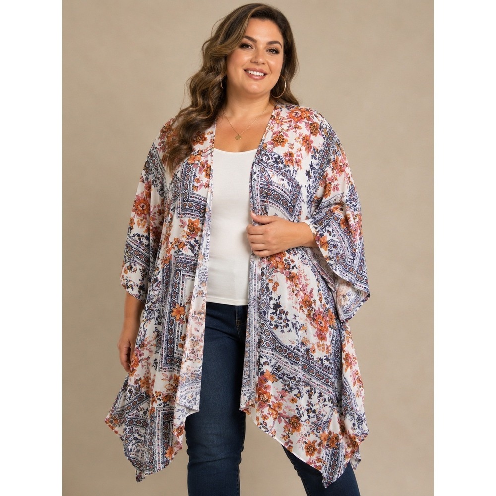 Hayden Rayon White Floral Tunic Wrap Top size 3XL Batwing Boho Colorful Classic